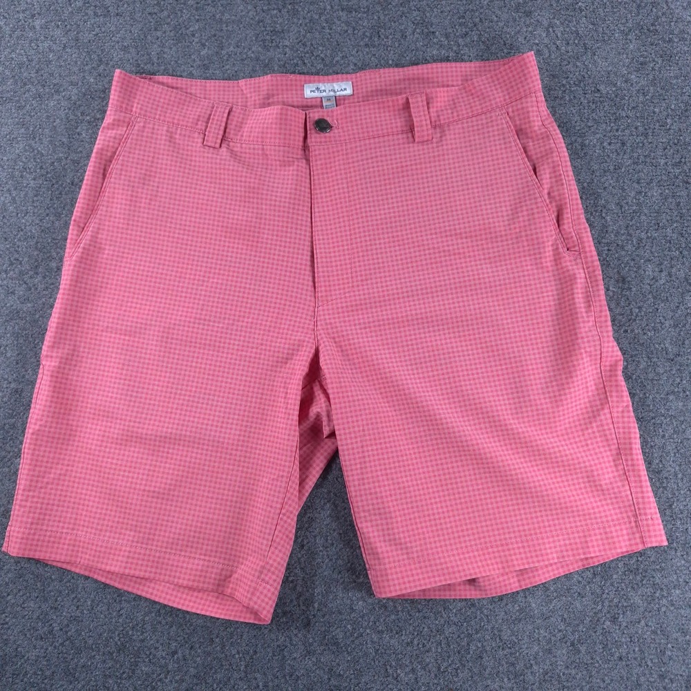 Peter Millar Mens Pink Gingham Performance Golf Shorts Size 34 Camo Lining